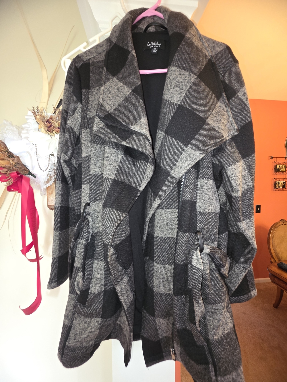 CoffeeShop Black and Gray Plaid Trench Coat with Tie Waist-STITCH FIX